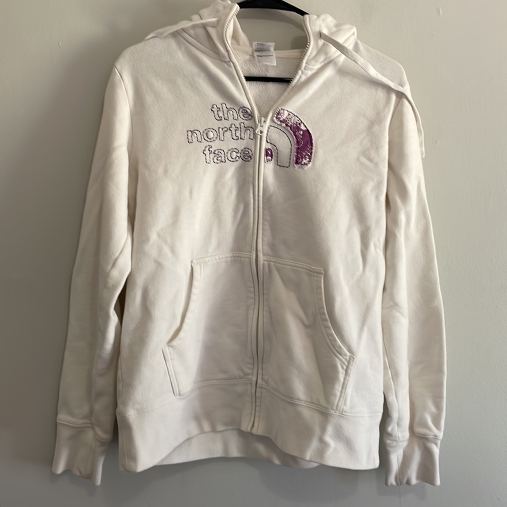 The North Face white zip up hoodie hooded sweatshirt size large purple